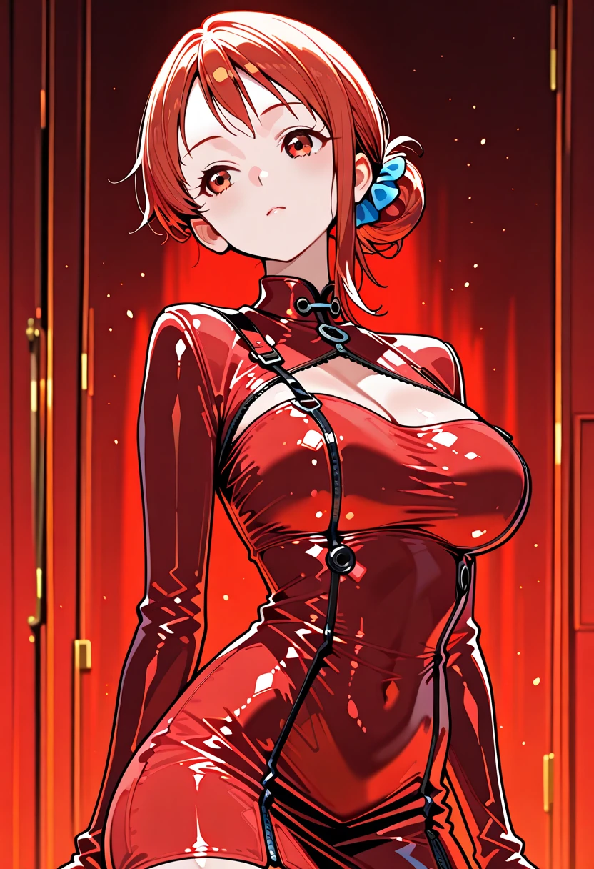 18-year-old girl，Baby Face，Crimson short-haired，ponytail hairstyle，Smile，Huge breasts，cleavage，Sheer red sleeveless top，Leave space in the middle to reveal cleavage，Soaked all over，Blushing，Red eyes，Female spy，Red miniskirt，White gloves，White hand sleeves，White boots，Science fiction，Future，Inside the mecha combat robot warehouse，robot driver，Pistol hanging on waist，No bangs