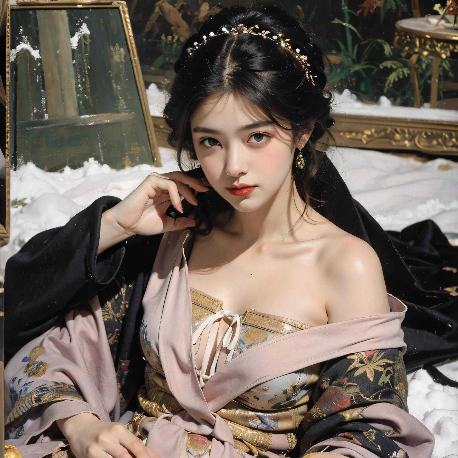 Realistic:1.8、Highest quality、1 girl、20-year-old,From below,Cloudy fluid discharges all over the body,Glowing Skin、Low Twintails、Big Breasts 、Professional Lighting,Photorealistic、Perfect body、super high quality、Ultra-high Realistic image quality、Japanese、(Off-the-shoulder short length floral pattern kimono:1.6)、(Huge breasts:1.7)、(Cleavage:1.5)、Tight waist、(blonde:1.3)、(Blurred Background)、(Grin)、(Gal-style dark shadow eyeliner:1.4)、(Long False Eyelashes:1.2)、(Gal-style makeup:1.2)、Gal-style earrings、Gal style bracelet、(Gal Style Cross Charm Necklace、Triple Necklace:1.3)、(Sexy pose:1.3)、(((nsfw)))、Beauty