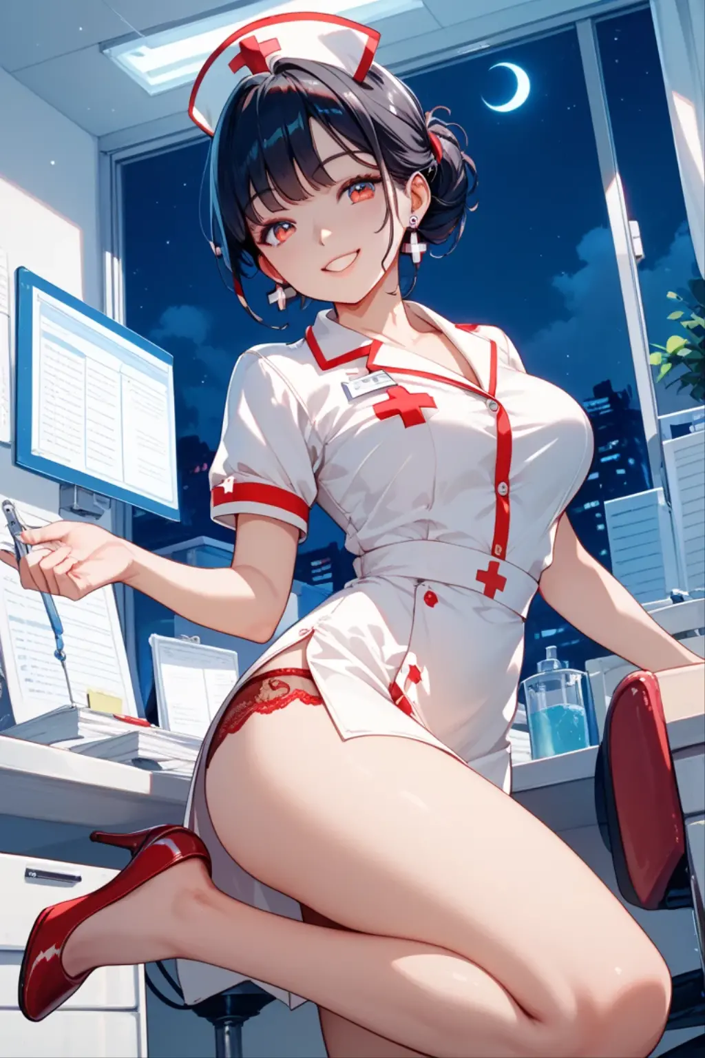 (masterpiece, best quality:1.5), (ultra detailed, high resolution, 8k, beautiful detailed, UHD, best anatomy), 1 cool girl, black hair, medium breasts, nurse, nurse cap, breast pocket, collared dress, short dress, short sleeves, thighs, white dress, white headwear