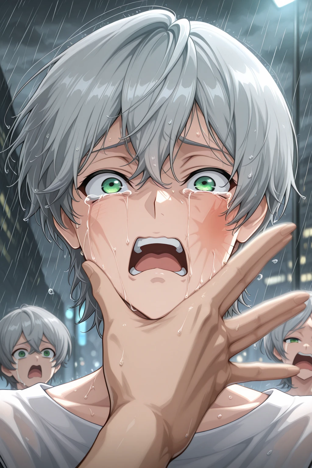 A  muscular man with a glazed face sticking out his tongue due to a malfunction々Teenage male android