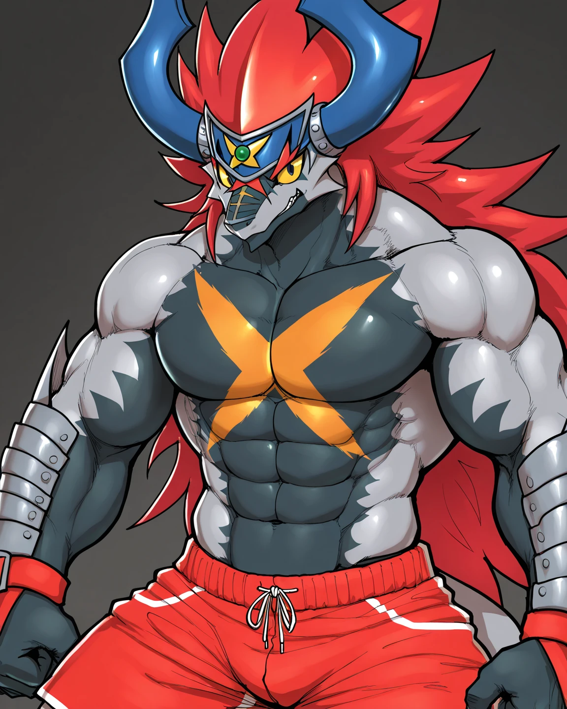 WarGreymon, male, adult, 4K, best quality, alone, no equipment, no clothes, No costume, no armor, silver mask, neck, naked, red chest hair, looking at the audience, slim body, chest muscles, pink nipples, Six-pack abs, biceps, anatomically correct, pride, soft shadow, Majestic detailed face, High quality eyes, Confident smile, swim shorts, Blue sky and white clouds, The sun shines, in city