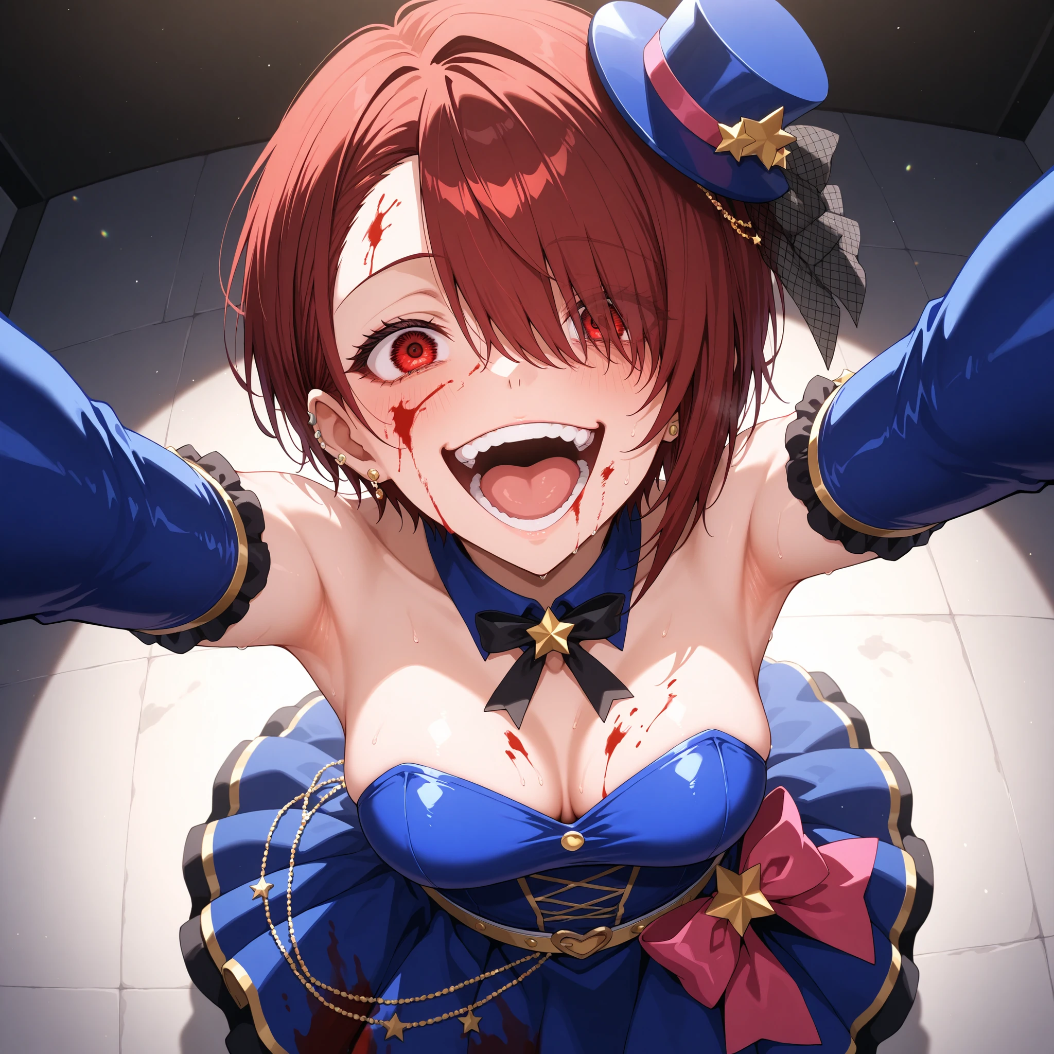 masterpiece, best quality, amazing quality, ultra detailed, very aesthetic, absurdres, highres, detailed teeth, detailed eyes, 1girl, red hair, short hair, asymmetrical bobcut, hair over eye, red eyes, asymmetrical bangs, medium breasts, cute idol dress, idol hat, short skirt, idol elbow gloves, yandere, gojoendef, crazy eyes, crazy smile, looking at viewer, smile, open mouth, upper body, teeth, tongue, blood, outstretched arms, blood on face, blood on clothes, from above