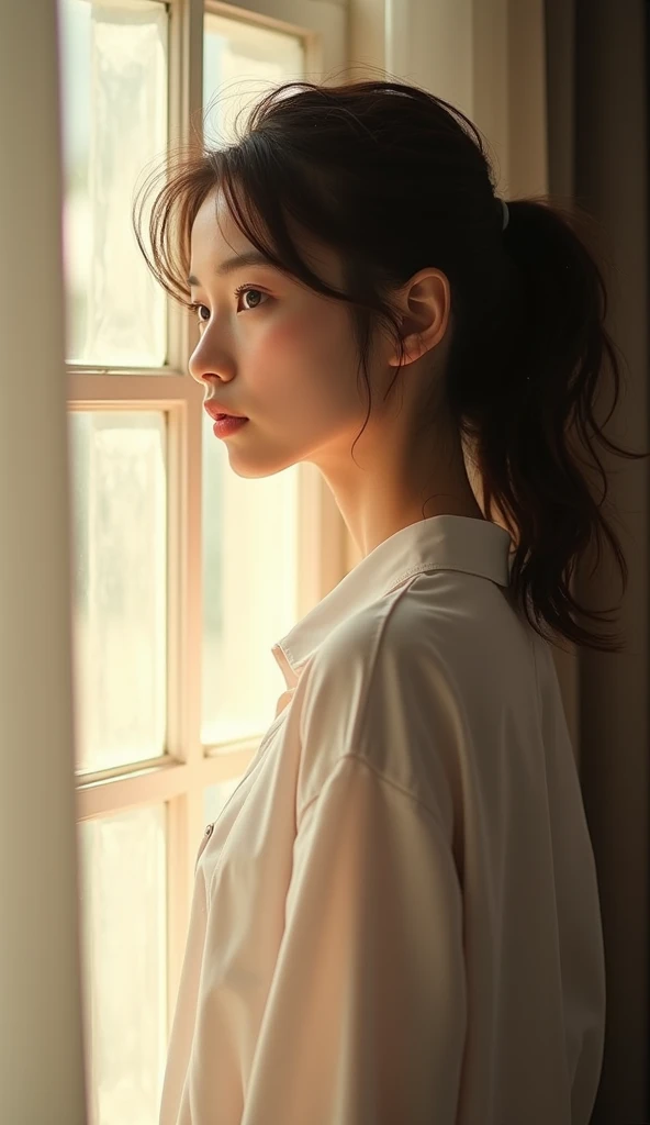 ((work of art, best qualityer)), a woman in a shirt , olhando de lado, with a ponytail