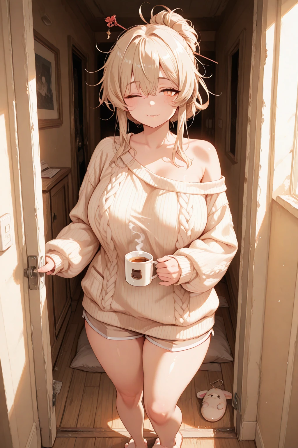 1girl, adult woman, (Naked: 1.4), (Blushing:1.4),(completely naked, fully naked), Smile, Cowboy Shot, ((A coffee Cup)), Full Body, transparent string lingerie