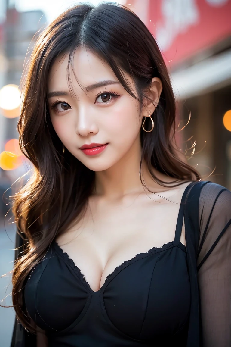 Very detailed、masterpiece、highest quality、Ultra-high resolution energy A、8K High Resolution、Photogenic transparency、Detailed eはい、Gradation、Perfect anatomical figure , Nikon Z9 80mm Lens, Beautiful girl with long hair, Hair and bright eyes, Standing in a puddle at night, Vibrant, Colorful lights and bokeh. The lighting casts a warm glow on her face and hair., Blue glow, Reflection on the surface of the water, Create a dreamy and magical atmosphere.(Big Breasts:1.4)、(plump lower lip、Pink Lips:1.4)