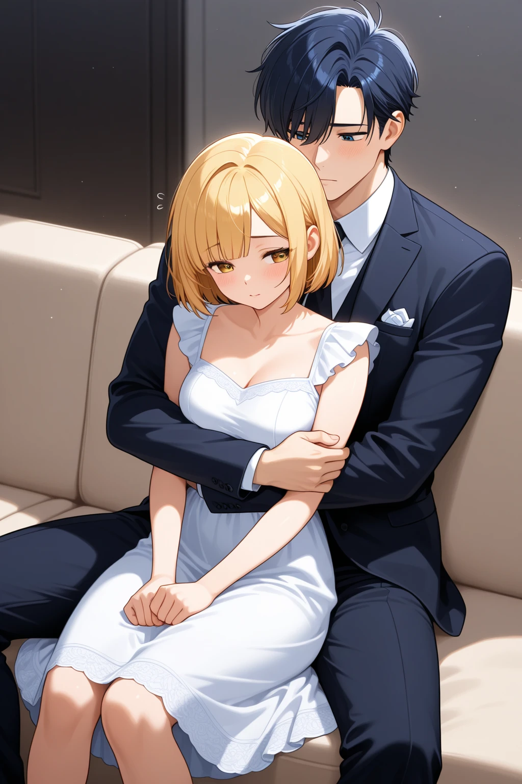 A beautiful woman with long medium blonde hair, Very straight hair Elegant bun hairstyle, (bangs covering one eye) kawaii, Bangs cover the right eye slightly large breasts, blue slanted eyes, (Using a closed brown coat posing with a soft smile against a white background, her right eye visible and eye color yellow, Elegant wearing a black t-shirt wearing a long, tight black skirt, right hand holding the left hand left hand resting on the side of the thigh.