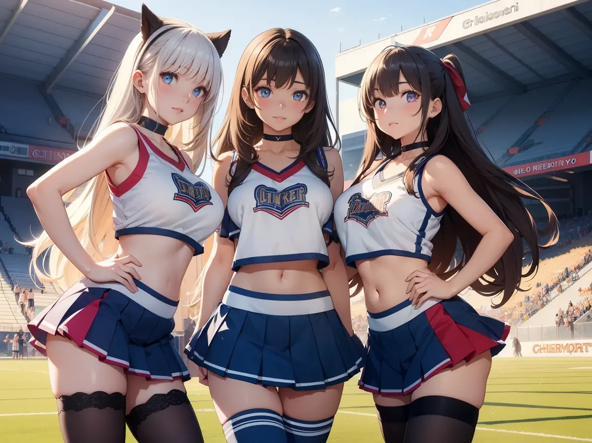 3girls, (multiple girls) highly detailed, best quality, illustration, game cg, perfect anatomy, beautiful cute face girl, beautiful hair, beautiful detailed eyes, choker, (cheerleader), midriff, school field, natural lighting, aichan, white thigh highs, sleeveless, cheerleading, large breasts, glossy lips, cleavage