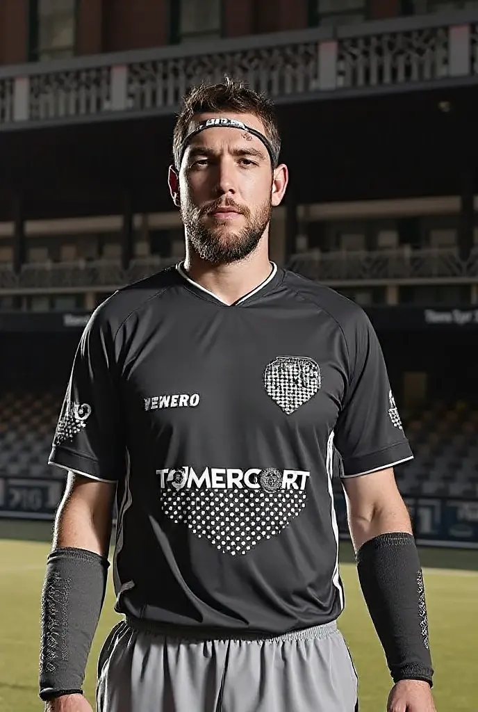 Custom soccer uniform for goalkeeper in primary blue color with white and orange details and black shorts with crest on the left side of the chest written bela vista 