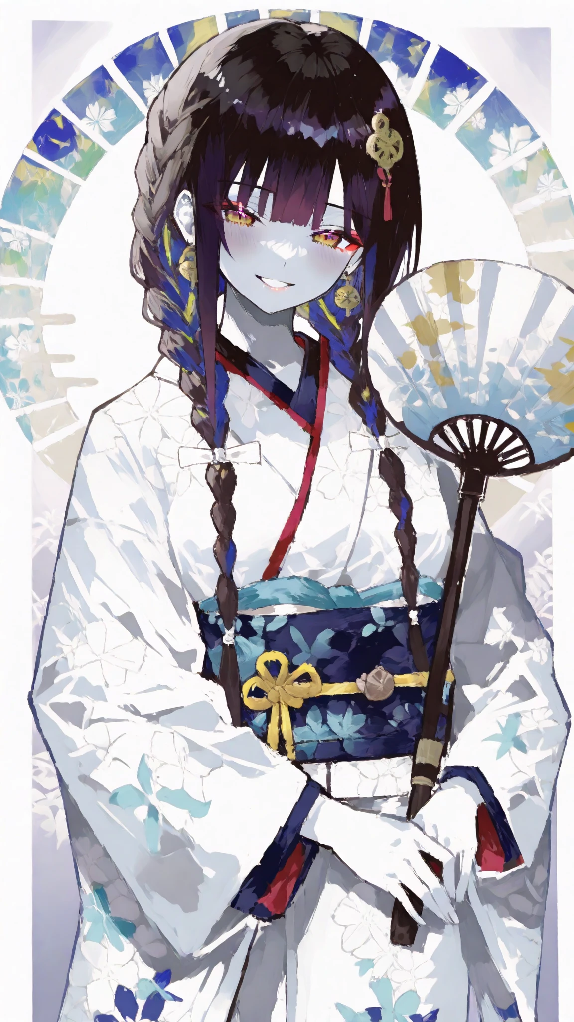1boy, (dark blue hair:1.2), long hair, straight hair, hair between eyes, light frown, (purple lips:1.2), hair ornament, barefoot, japanese clothes, long sleeves, flower, hydrangea, oil paper umbrella, sayagata, male focus, off shoulder, kimono, blindfold, (black blindfold:1.3), chibi, <lora:last:1>