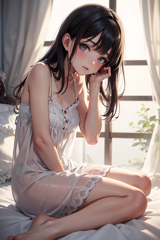 (Best quality, 8k, 32k, Masterpiece, UHD,:1.2),RAW, human, 1girl,ultra cute , ultra cute, natural lighting,transparent shining eyes, 20yo, small breast ,femur, fair complexion , flushed face, Camisole, panties, on bed, ((wariza)), Cameltoe, hans between legs