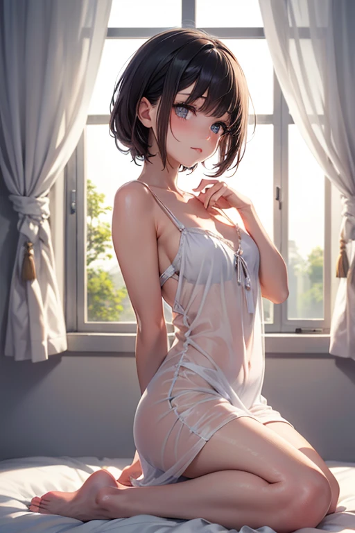 Delicate and detailed eyes,Black hair flutters in the wind,Fine fine skin,Tulle clothes,Girl sitting by the window,Sunlight shines in from outside the windows