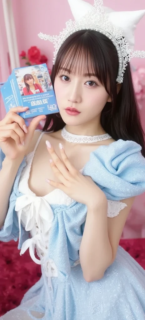 A girl, seductevly holding a small blue condom with white text "durex" on it