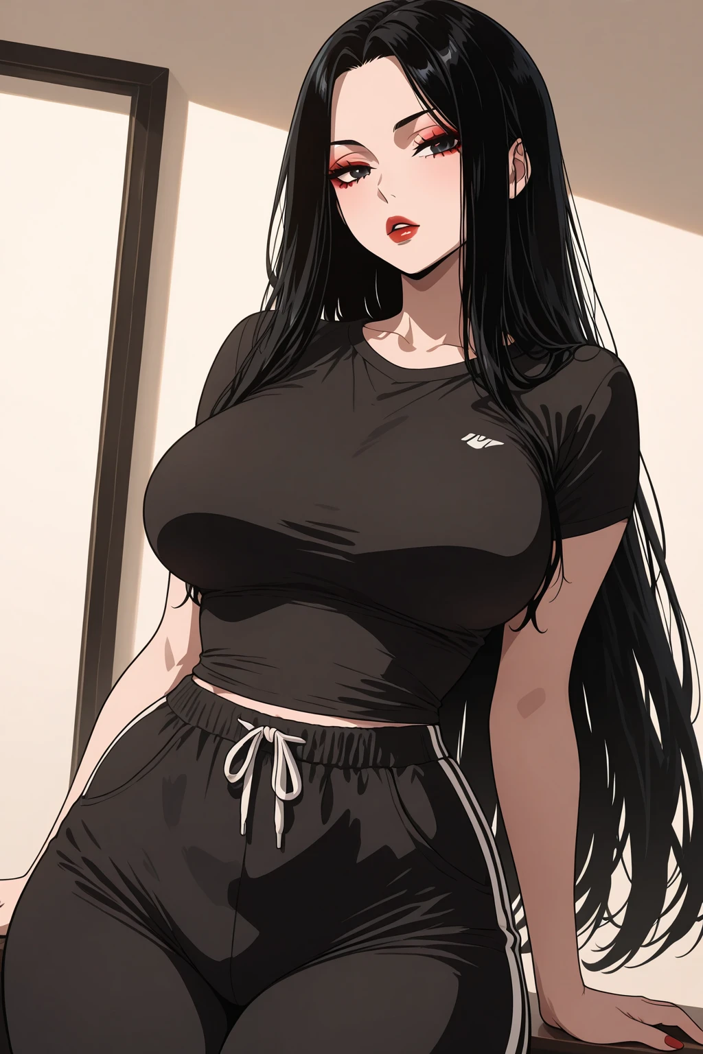 (Uhd, Masterpiece, Textured Skin, Super Detail, High Details, High Quality, Best Quality), Detailed Face, 1woman, mature pretty woman, Long black hair, (black crop top shirt), (black pants), (Huge Body:1.5, tall), sitting on a chair behind a office table, (Low-sized breasts), (Office room)