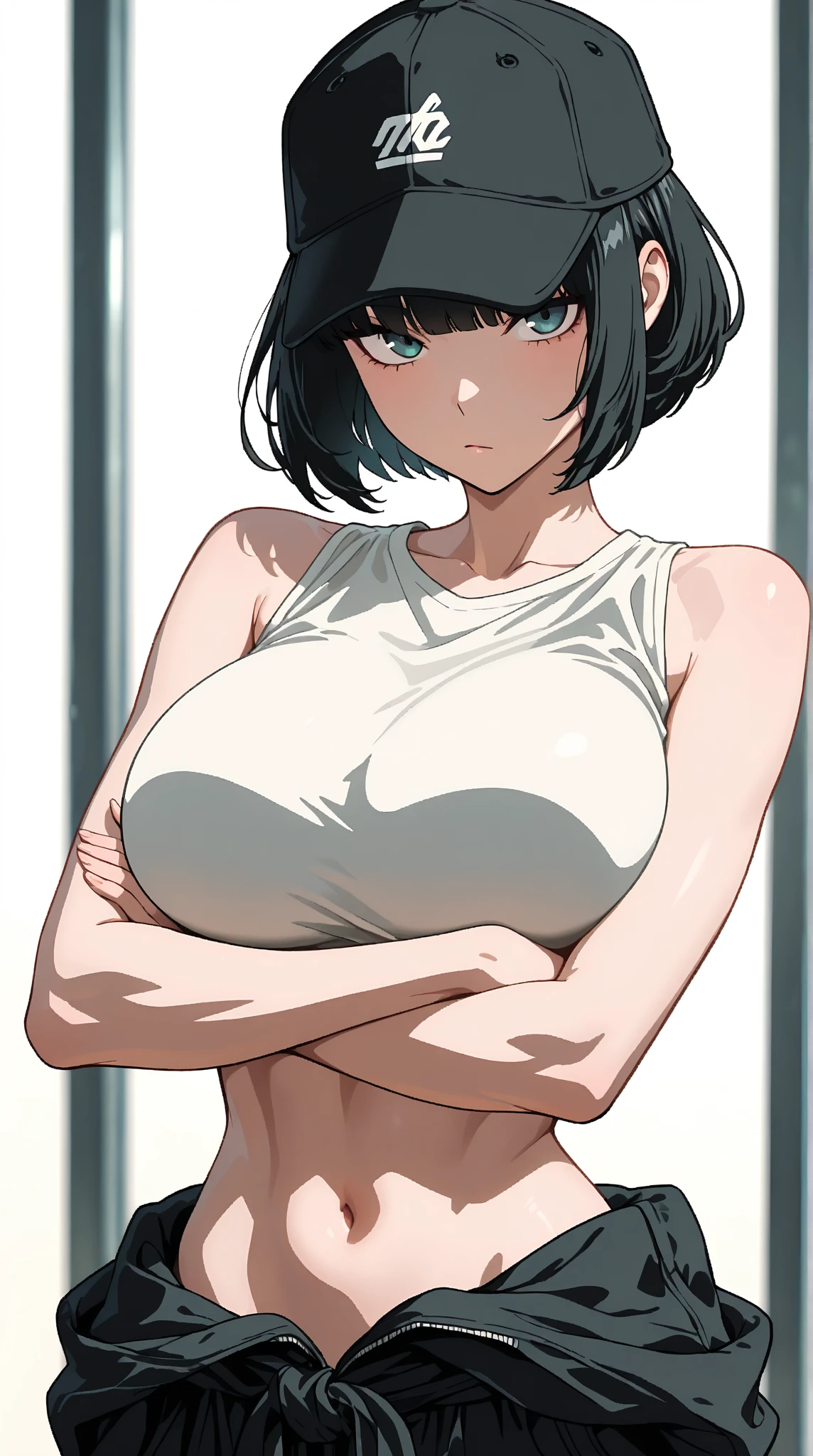 Dazzling, Armpits, intricate detailes, 1girl in, Mikasa Ackerman, (A dark-haired:1.3), hair between eye, short-haired, sideburns, s lips, shut, Yui, s lips, masterpiece, best qualtiy, hason, Baezon, Black eyes,Black eyes, muscle, medium breasts, smil, stand up,big ass,fully naked, backside, showing face, different positions