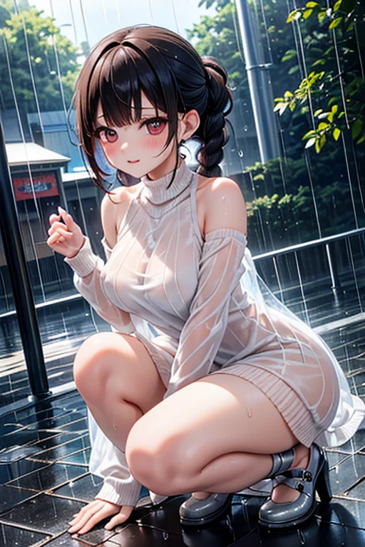 (​masterpiece:2.0), (top-quality:2.0), (white Tube top extremely short length dress made by towel:1.5), (perfect exposed shoulders:1.5), (perfect exposed nape:1.5), (super sexypose:1.5), (blushed face:1.3), (barechested:1.3), (realistic:1.5), 1 , precise small hands, Embarrassed look, light smile, extremely cute girl, innocent face, young face, Clear eyes, Shining eyes, shoulder is visible, small breast, thigh is visible, No pubic hair, The beautiful skin, ultra-definition, Top resolution, japan high school student, brown hair, Camel petals, wet, Spread your legs,