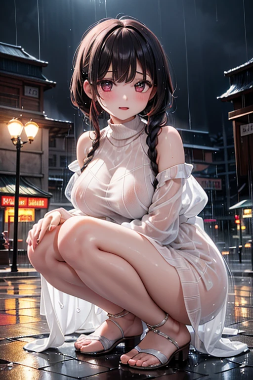 NSFW, (8k, RAW photo, 最high quality, masterpiece:1.2), High-definition RAW color photo, Professional photo shoot, cinematic light, alone, (((young woman))), (detailed expression), (small face), (high detail skin:1.2), clavicle, cute face, beautiful appearance, long eyelashes, (black hair, Twin tails in a high position, gray eyes), ((pink ribbon)), attractive big breasts, (slim body shape:1.4, A woman with a slender figure and big breasts), Highly detailed face and skin texture, fine eyes, double eyelid, (((open your mouth and laugh:1.5))), ((one eye is hidden:1.2)), ((cross your legs:1.5, photo shootのためポーズをとる, sexy pose, standing position)), (at night:1.5), Joy and excitement, sweating:1.37, ((sexy shot, transparent dress, see-through off-shoulder dress, white bikini, seductive thighs)), neon:1.5, beautiful skin, shiny skin, perfect fingers, five fingers, anatomically correct, background bokeh, high quality, surreal, bright colors, ((Nikon, 135㎜, f/1.8, very detailed, photo shoot)), ((topless:1.5)), ((small breasts:1.4))