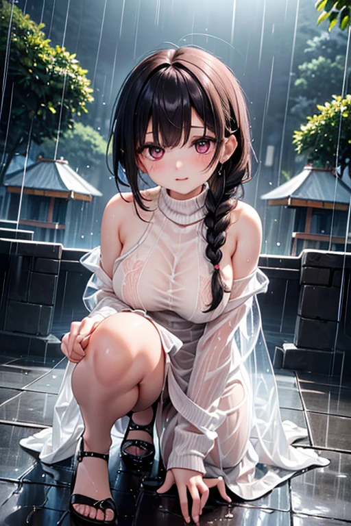 Best picture quality, masterpiece, ultra high resolution, (fidelity :1.4), photo, 1 girl,[(sadness)],white shirt, Dim, dark, desperate, pitying, pitiful, cinematic,tear,teardrop,(Torn clothes:1.5), (Wet clothes:1.4), bare shoulders,Real rain,wet hair,..
