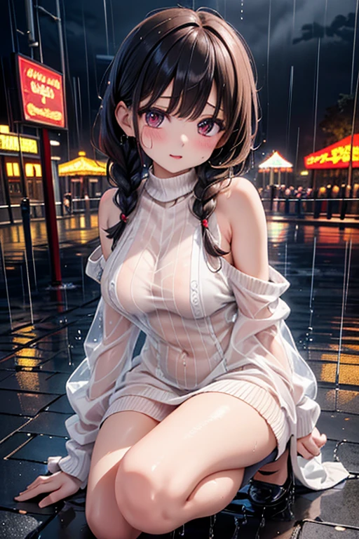 one girl, staring at the audience, beautiful pink eyes, brown hair in short twin tails, mole under eye, plump glossy lips, heart shaped choker, idol, her name is Mei, smiling, . . . 3D, realistic, idol's costume was drenched in heavy rain, her chest was wet and see-through, heavy rain at outdoor concert, draped clothes, jewelry and decorations removed, floral patterns, lace trim, glittering on stage, masterpiece, best quality, 8k, detailed skin texture, detailed fabric texture, beautifully detailed face, intricate details, highly detailed, ultra high resolution, 8k Ultra HD, film grain, best shadows, delicate, staring at the audience, front