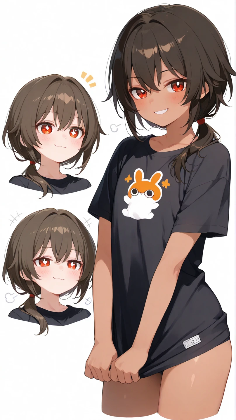 score_9, score_8_up, score_7_up, score_6_up, score_5_up, score_4_up, BREAK source_anime,
flushed_emoji_shirt, multiple views, simple background, t-shirt,
1girl, duramente, brown hair, blue eyes, ahoge, long hair, animal ears, ear ornament, large breast, horse girl, <lora:umamusume_duramente_ponyXL:0.8> <lora:flushed_shirt_meme:0.8>