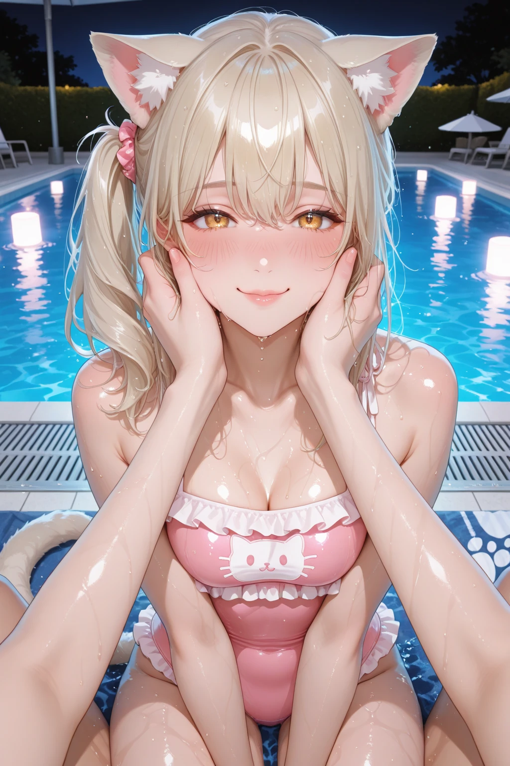 (dynamic angle),in the poolside, sitting, pale Light orange Hair, long hair, twintails, hair black ribbon, girl１, upper body, completely nude, (small nipples:1.2), (small areolas:1.2), kawaii, cute, pale purple eyes, (shy), (blush),evil smile,