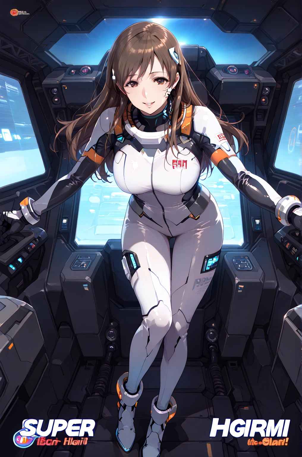 Anime Style,A detailed background with many people,Smiling pilot getting into a robot,Mature Woman,Large Breasts,Protruding buttocks