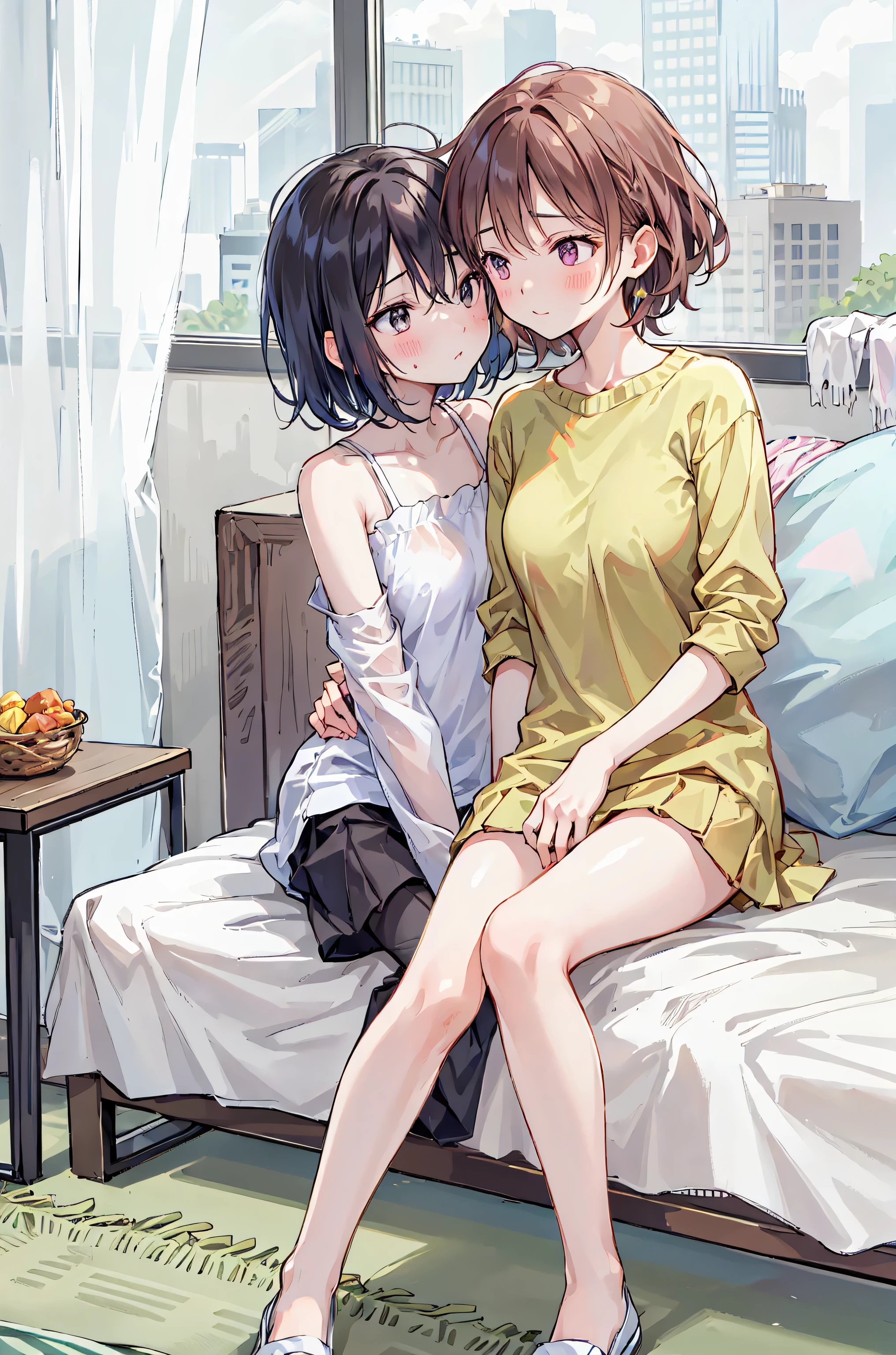 How to sit a girl,Written boundary depth, Delicate eyes, Full Hand, 余分な手feetなし,arm2Book,feet2Book,Distinctive nose bridge,Fine skin、Smooth、Perfect beauty、Small breasts、thin,((Natural style)),Brown Hair、Book当に美しい、Beautiful profile,Perfect Style,Ahegao,((Boyish clothes)),Shortcuts,Western-style room,On the bed,Lighting is dim,1Put your wrist on someone's2Book,1人にfeet首2Book,My face turned red,Don'Do not fold your hands,feetは組まない,((Kiss between girls)),((Embrace and kiss deeply))、((Kiss the Eyes)),((Girly clothes)),((Natural posture)),((正しい手feetの数))