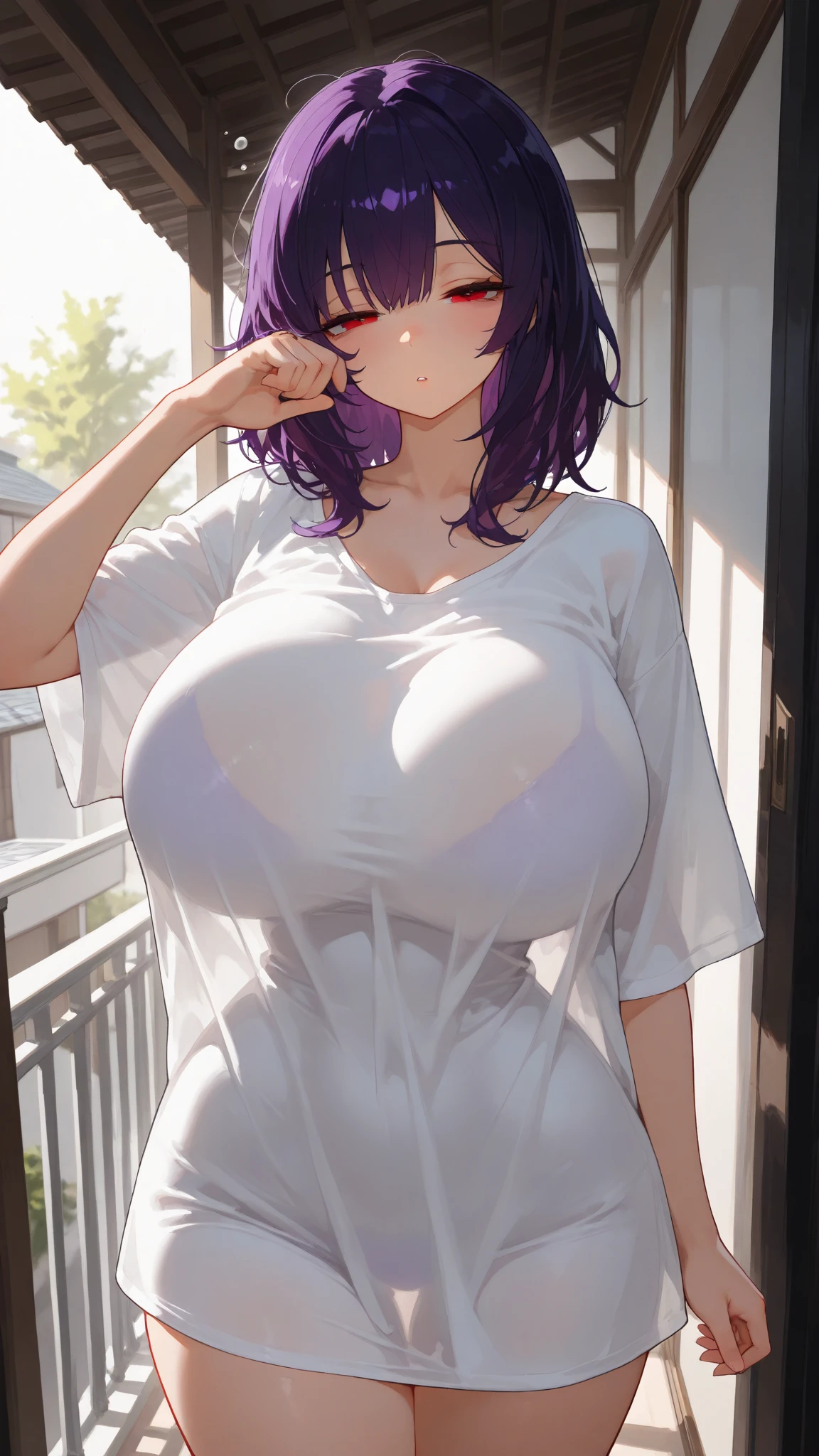 ((((masterpiece, best quality, high resolution)))), (1girl:1.5), (long silky hair, purple hair, purple eyes, hair ornaments), (large breasts:1.2), blush, (cheeky smile, parted lips), glow, thighs, bare shoulders, collarbone, narrow waist, (slender body figure), (beautiful detailed face, beautiful detailed eyes), ((wet white tshirt, panties showing package:1.3)), (standing up), looking at viewer, nighttime, bedroom, (cowboy shot),raidenshogundef