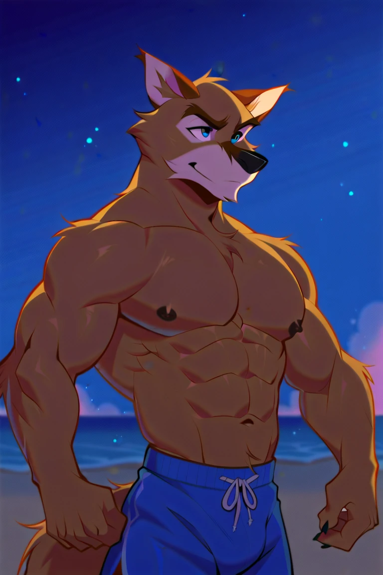 Kurama. 4k, high resolution, best quality, posted on e621, solo, anthro body, male, adult, masculine, (very muscular, heavyweight:1.2), correct anatomy, (beach background, sea background, sky background, sunset:1.0), (blurry background, out-of-focus background:1.2), (by wfa:1.1), (by negger:0.8), (cel shaded, cartoony shading, strong shadows, dark shadows, flat coloring, backlight:1.2), black lineart, black outline, (red speedos, bulge:1.1), confident, (detailed eyes:1.2), looking at viewer, large tail,