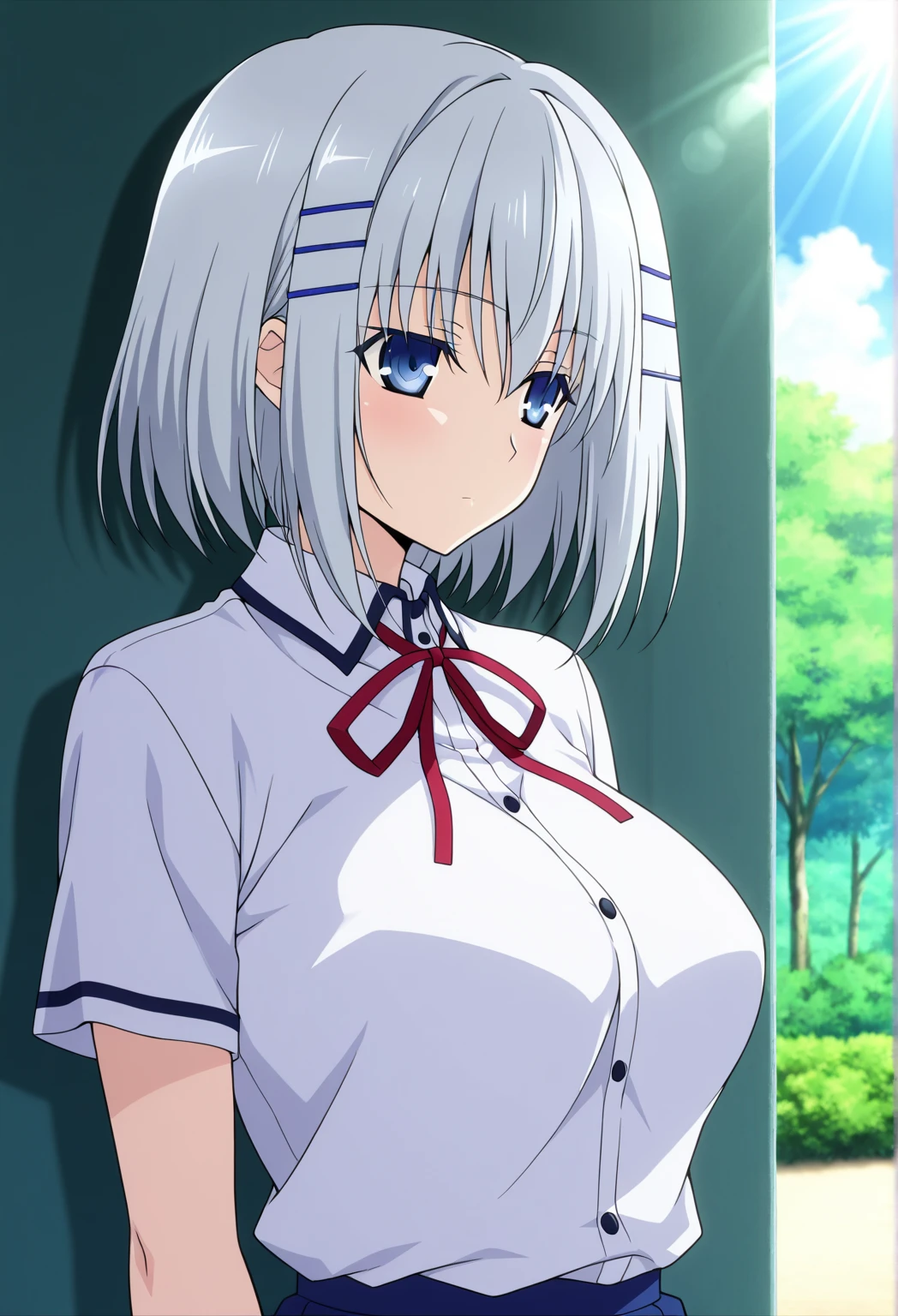 score_9, score_8_up, score_7_up, source_anime, best quality, masterpiece, rating_explicit, uncensored, anime screencap, megami magazine, game cg, BREAK, SAKASAGAMINOYURA, 1GIRL, large breasts, ((nude:1.4)), cleavage, WHITE HAIR, HAIR BAND, BOB_CUT, PURPLE EYES, CHOKER, SLEEVELESS, SHORT KIMONO, red lip, outdoors, leaning forward