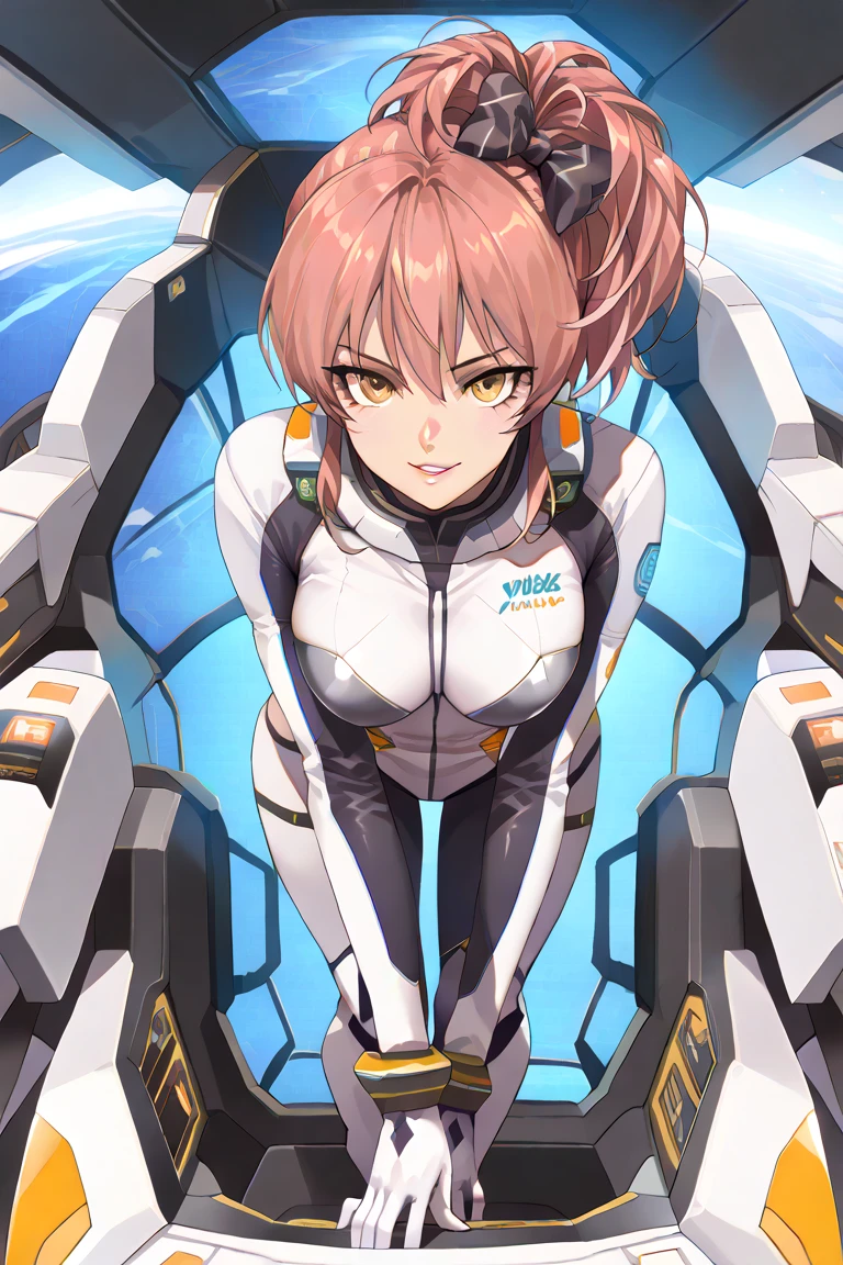 (aesthetic, best quality, masterpiece), 1girl, female focus, solo, large breasts, closed mouth, small smile, green eyes, auburn hair, zerosuit, tight, pink and white bodysuit, vivid colors, holographic interface, spaceship, space, futuristic, datapad, full body, cockpit, watercolor illustration, perfect hands, bright starship interior, highly detailed eyes, (orbital view:1.3), (night, starry sky:1.5), milky way