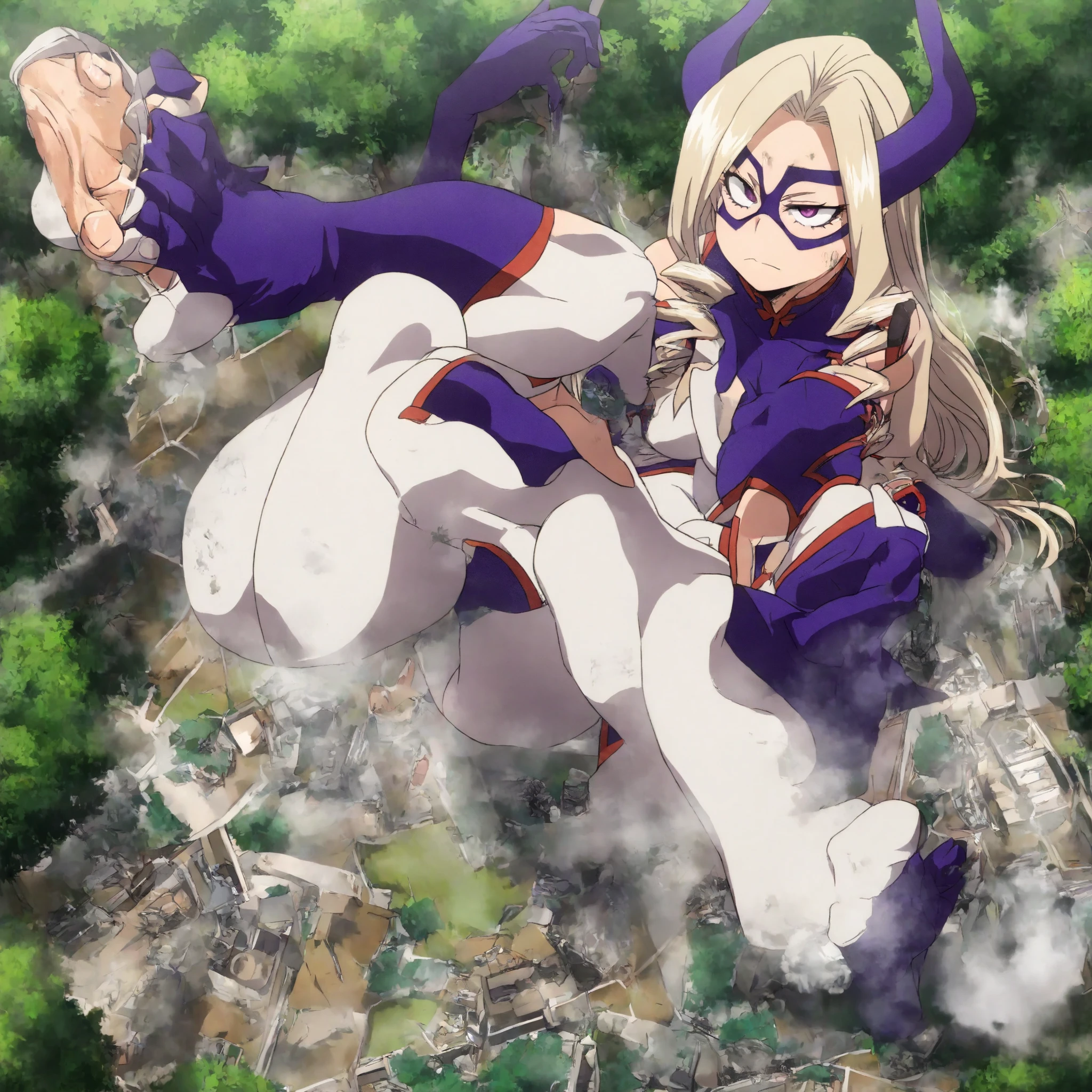 k0ch0injuu, 1girl, blue crop top, midriff, blue gloves, thighhighs, purple wings, running, motion blur, full body, looking at viewer, large breasts, cleavage, feminine, smug, evil grin, indoors, forest background, <lora:Kocho_-_Injuu_Gakuen_-_Illustrious_v2:1.0>,  <lora:takeda_hiromitsu_style_illustrious_goofy:0.9>