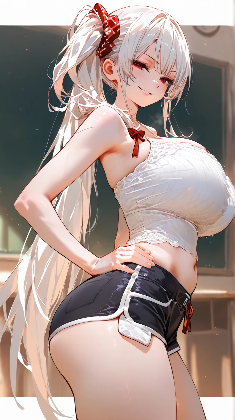 realisticlying,1girl,White hair,Purple eye,glowing light eyes,Cut the top,a skirt,parted lip,Be red in the face,the night,fresh flowers,suns,rays of sunshine,(((huge tit))),shy