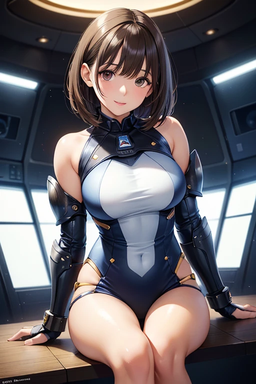 (upper-body), (Realistic, [the anime]), (..3d:0.3), dramatic  lighting, ((Masterpiece)),(Quality),(hight resolution), High Lady Voidstar, [[Coated ABS]], ((X-ray power armor|Lined bodysuit|White Power Armor) mechanical arms), short curly black hair cut, [Evil smile], small breasts, ruffle skirt covered navel, eye liner, Lashes, a perfect face, beautiful nose, detailed pupil, Beautiful eyes, 詳細な目, Brown eyes, Perfect lips, A-pose on the monitor, Simple background, [Boku no hero academia], (Move:1) ,