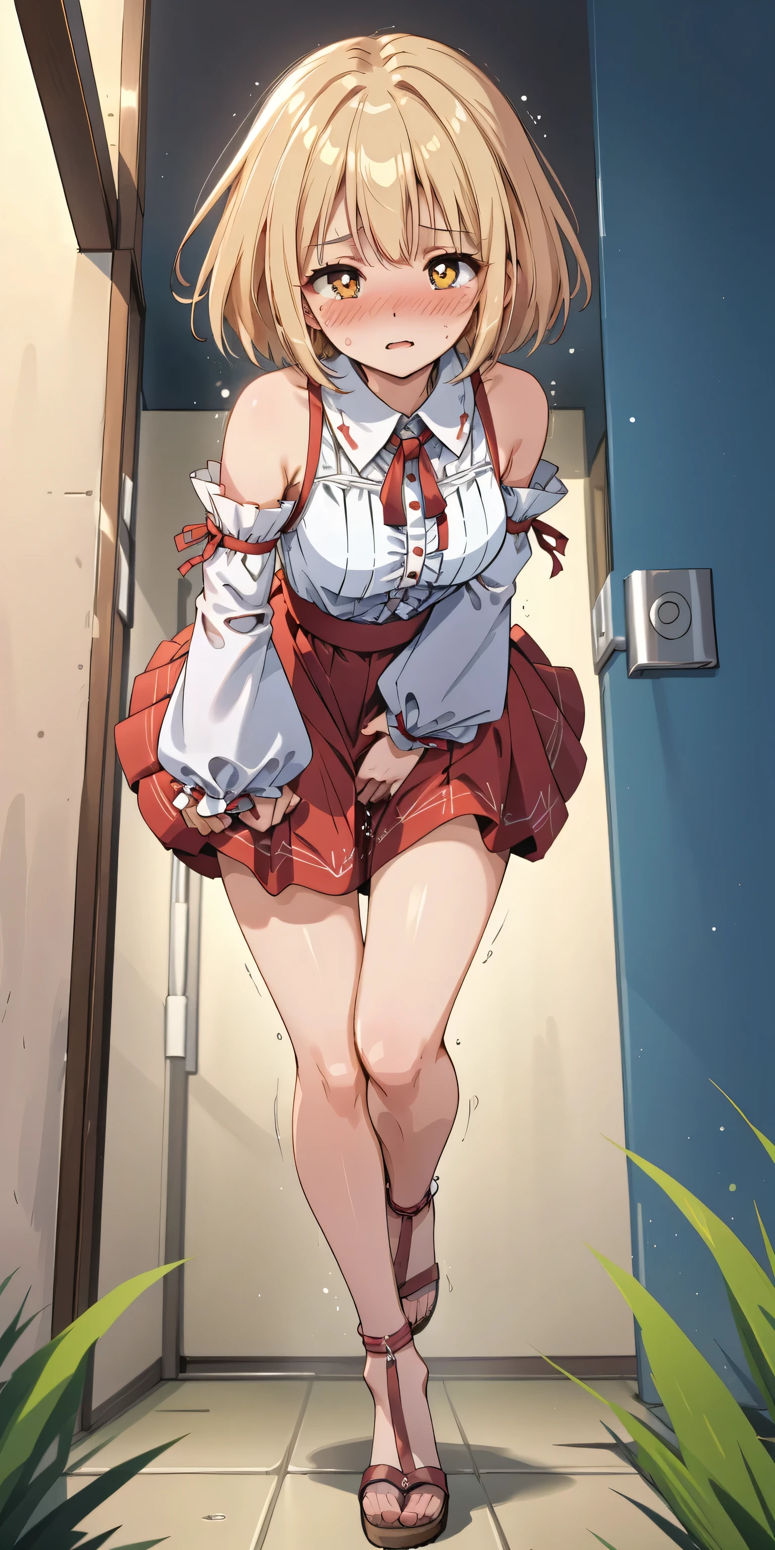 Standing, girl, mature aisha_greyrat, short Chinese dress, garter belt, full body, 1girl, sleeveless, red dress, bare legs, spread legs, looking at viewer, thick thighs, long legs, large breasts, black dress, large thighs, space solid, white panty, looking at viewer, fully visible panty, blushing, under girl, viewer looking at panty above