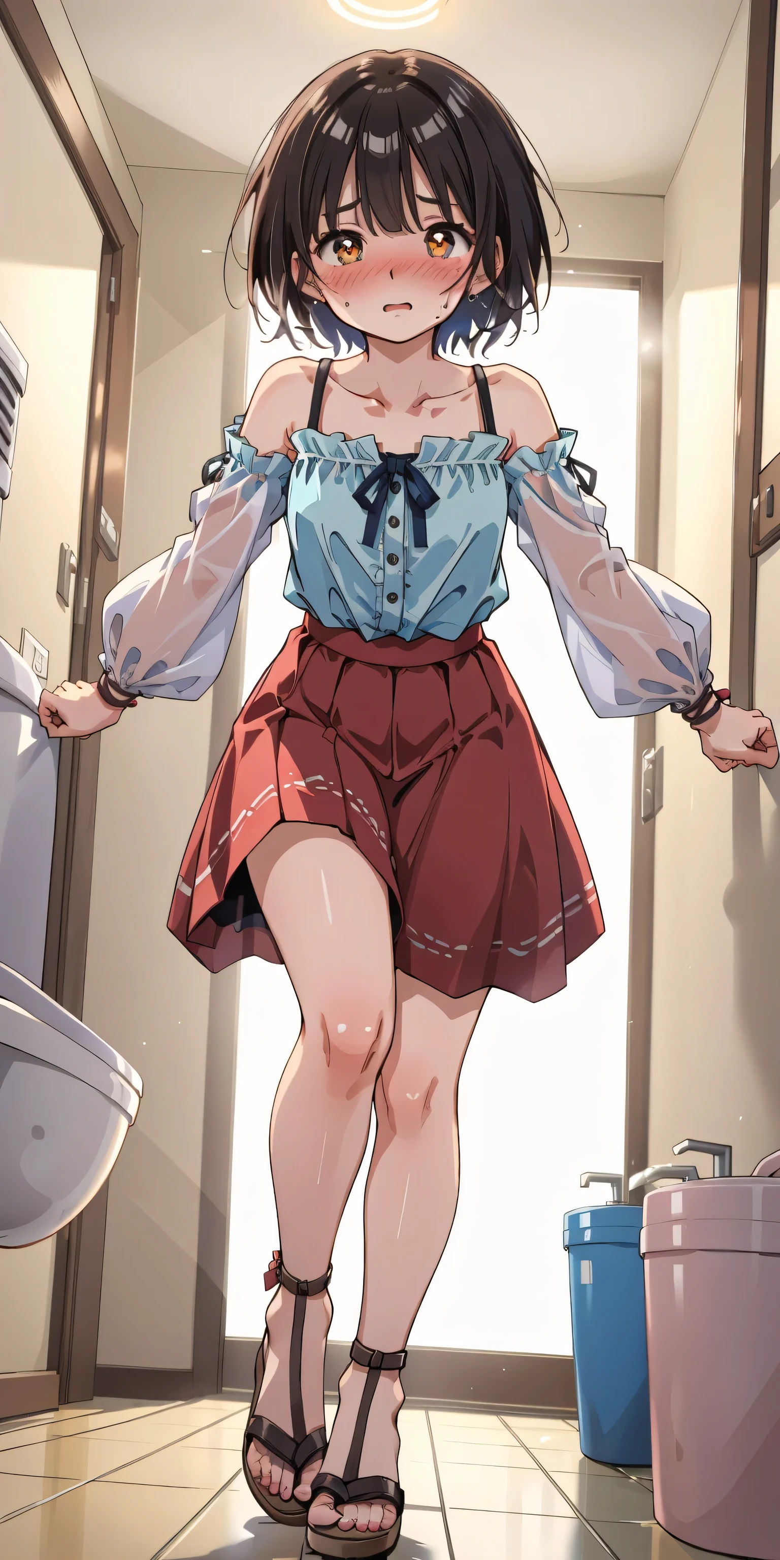 (8K, ultra-detailed, best quality, anatomically perfect body), (full body), (small breast:1.3), shiny skin, (Various girls), girls from 15 to 25 years old, bladder full tank, (have to pee:1.1), (urge to pee:1.4), (only one person peeing self:1.2), Pee flowing in the thighs, (very desperate to pee:1.2), (going to the restroom entrance), (waiting for restroom with line of girls in queue), standing, (Each one has a different maxi witch dress:1.4), (Each one has a different boots:1.1), (Each one has a different hair), (knees together and feet apart:1.3), (Rub each other's thighs:1.3), (leaning forward:1.1), one hand between legs, (skirt lift:1.2), (holding the crotch:1.3), (stroking own abdomen:0.9), (stroking one's own thighs:1.1), (blush:1.5), (embarrassment1.5), (impatience:1.3), (flustered:1.3), (fidgeting around), (flowing sweat), (erotic body twist:1.5), (panting:1.4), (breathless:1.3), closed eye, (parted lips:0.6), (orgasm:1.3), (refreshing:1.1), Weakness, looking away, (crisis:1.4), (from side:0.7),