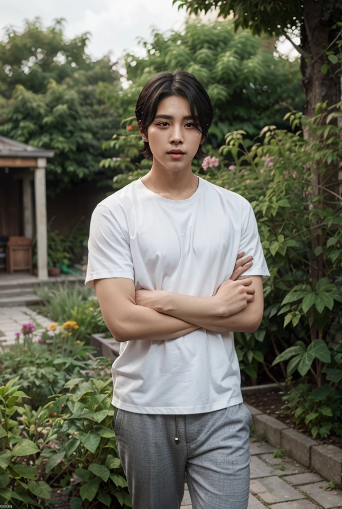 A handsome, muscular young Asian man looks at the camera. In a simple t-shirt white and red , Fieldside, grass, beach, sunlight, Carrying a camera