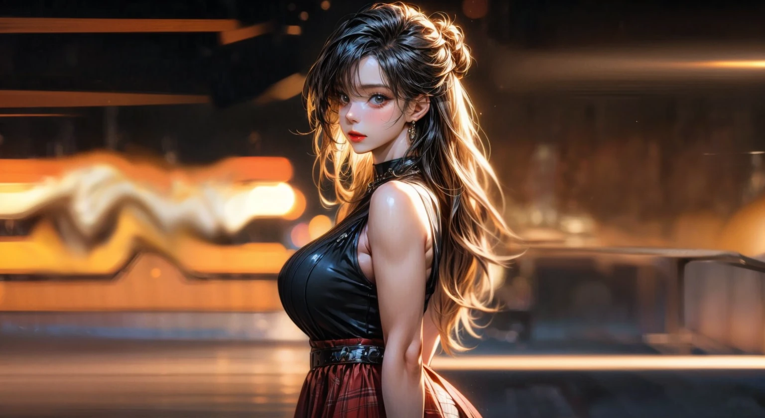 la photographie of a stunning fille, dans la ville, wearing a black top, enjoy, fille, summer, hot fille, (((very heavy bust))), brunette hairs, Long_hairs, regarde la caméra, symmetrical face, photorealistic, la photographie, spectacular lighting,, magnificent, cleavage, a western film, (head of&#39;artwork), best quality, high resolution, extremely detailed, skin with pores, blurred background, depth of ﬁeld, Cinematic lighting,mains hors cadre