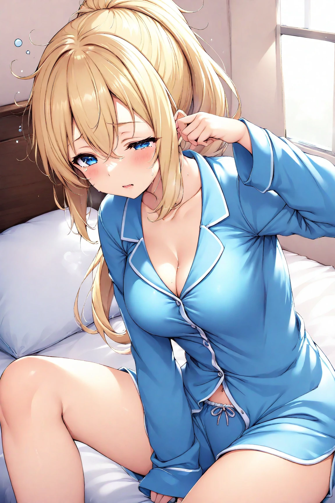 Cute girl, light blonde hair, blue eyes, smile, blue cat costume pajamas, headdress, big breasts, pajamas, nightwear