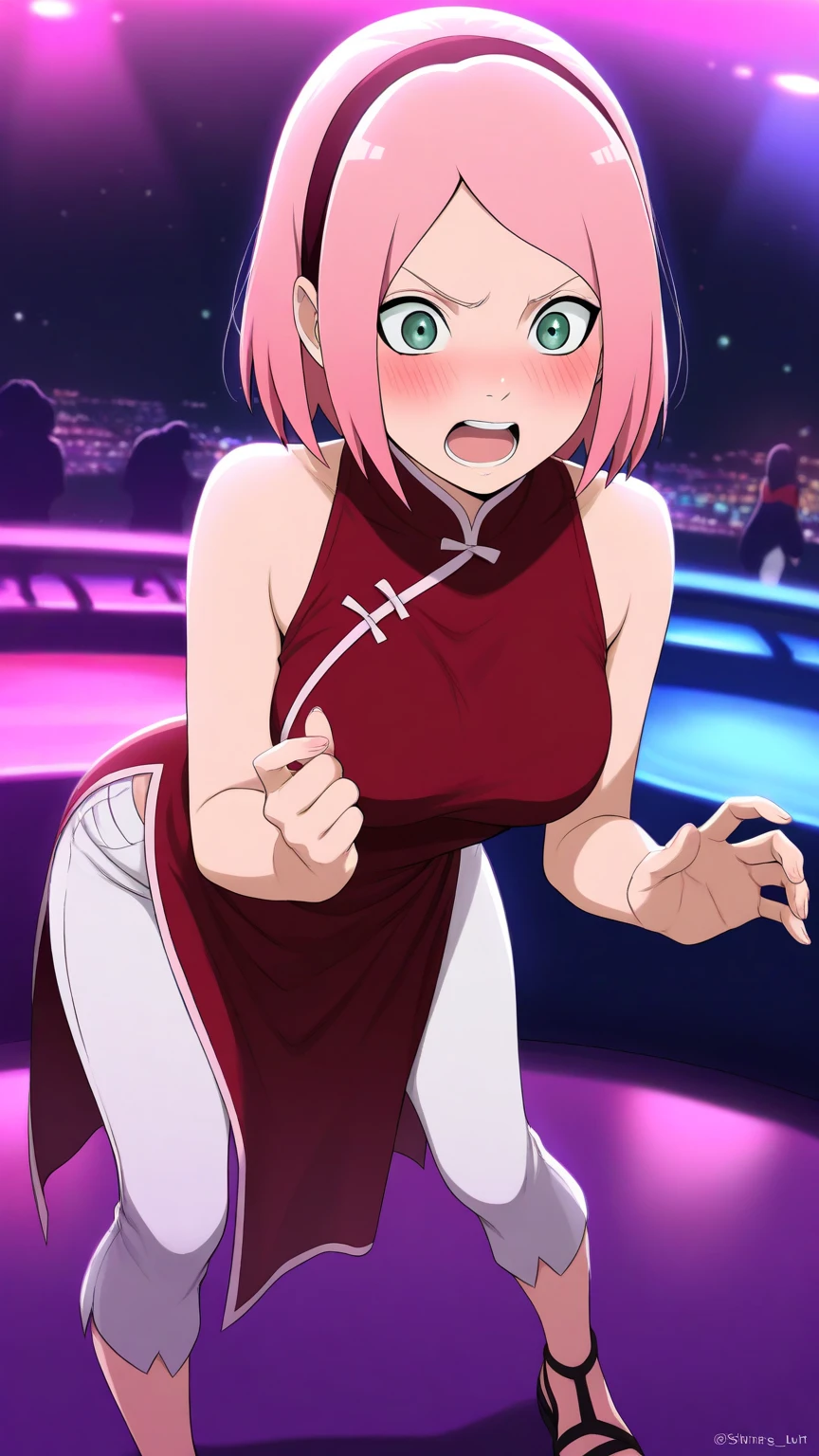 (( One Girl)), (Browsing Caution)、blush,Pink Hair、Wavy Hair、Orange eyes、(((Red leotard))) ,on stage、Flat Chest、Big Ass、((Thick thighs))、Sweat、((:D))、surprised、(Straight hair)、Spread your legs、(White shoulder rest)、Gold decoration、Blue Crystal