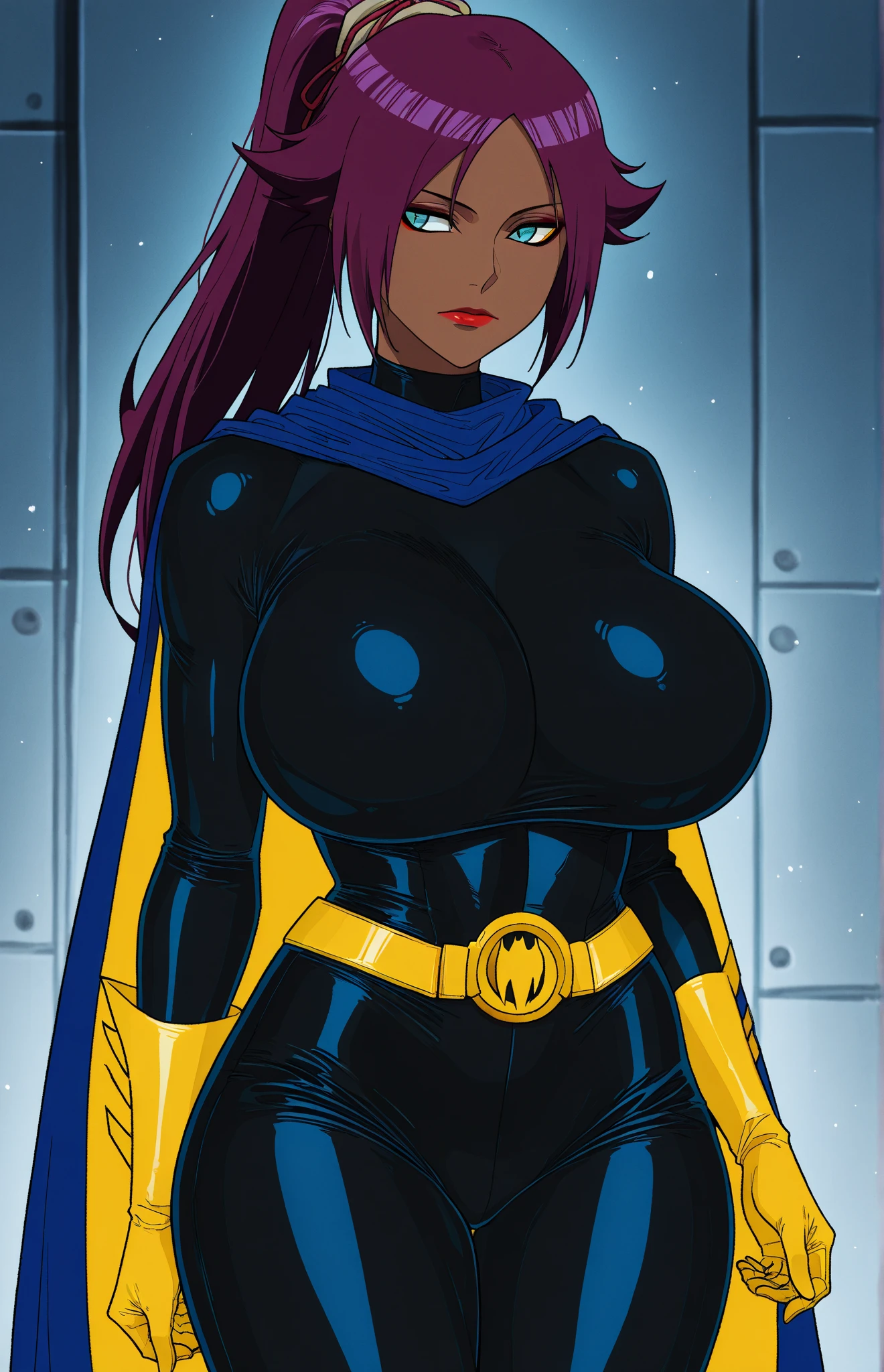 Batman transformed into a docile sexy female bimbo with huge breasts and thick lips