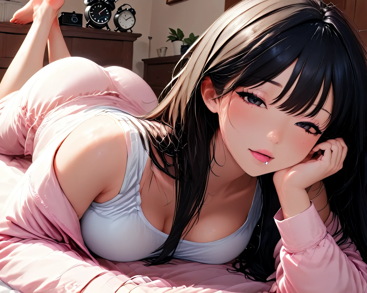 (Highest quality、4K、8k、High resolution、masterpiece:1.2)、Very detailed、Anatomically correct、One Girl、ponytail、Cute ribbon、Black Hair、high school girl、Bedroom、On the bed、sunlight、White lace bra、White lace panties、On all fours
