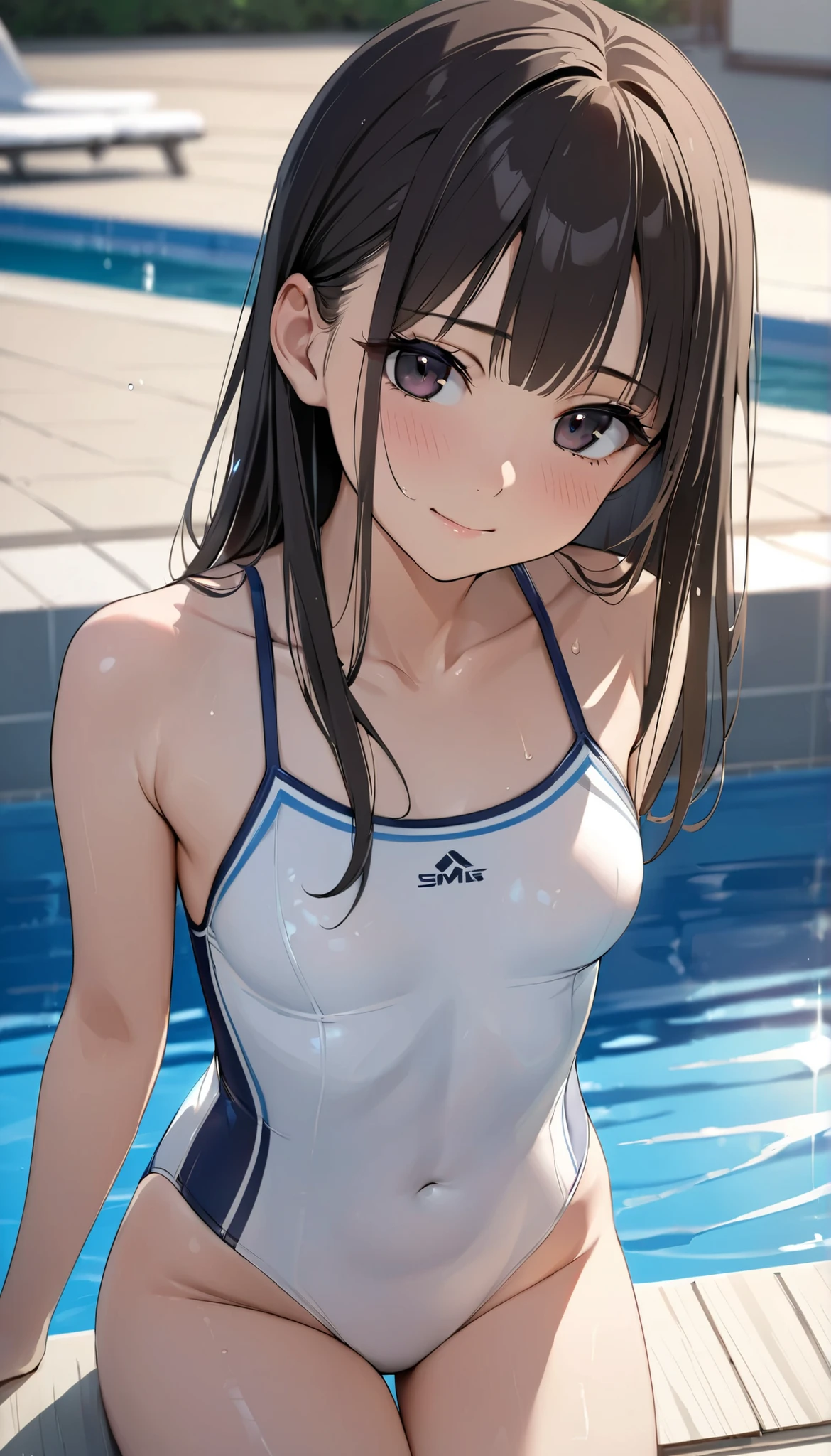 Highest quality、high resolution、High definition、HD、Indoor Pool、Poolside、(Nitta Minami、Long Hair、Medium chest、Brown Hair、Brown eyes、Glossy lips、Glowing Skin、Realistic skin texture、((Wet white swimsuit))、(Wet plain swimsuit)、Sit with your legs apart、Sit with your knees up)、Staring at me、Love me、blush、(Laughing with your mouth open)、(Zoom in on the crotch、Very close to me)