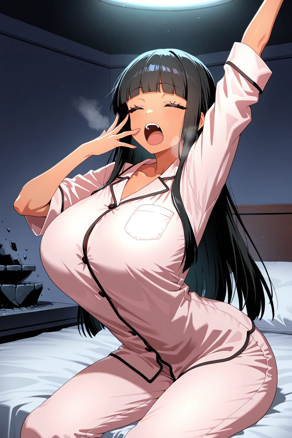 Sexy woman, childhood friend, glow up, eyes closed, mouth open for a kiss, deepest blush, flustered, lustful expression, long neck, medium chest, cleavage, no clothes, naked, lying in bed