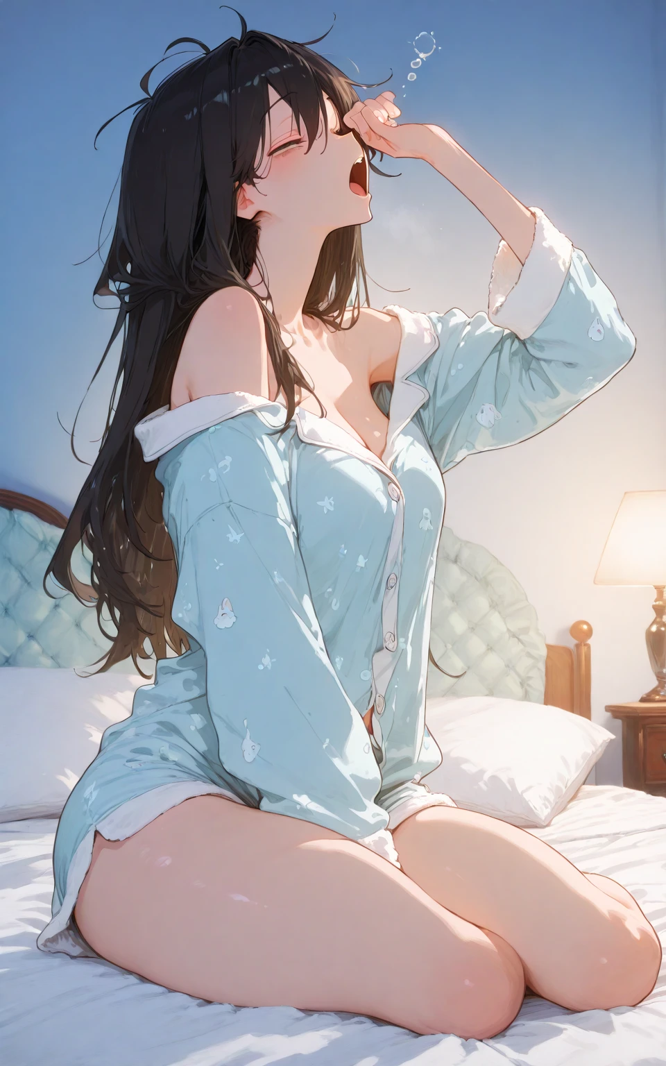 anime girl laying on bed with cell phone in hand, nagatoro, seductive anime girl, beautiful anime girl squatting, anime moe artstyle, the anime girl is crouching, marin kitagawa fanart, teasing smile, ecchi, sitting on the bed, mayuri shiina, sitting on a bed, ilya kuvshinov with long hair