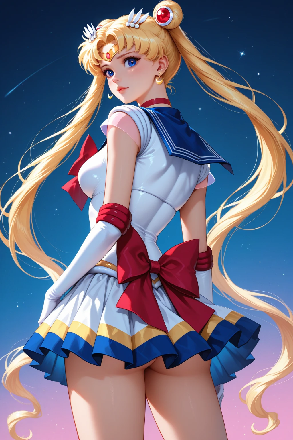 masterpiece, best quality, (1girl), (latex sailor uniform:1.4), (latex skirt:1.4), (latex socks:1.4), (latex gloves:1.4), a (loli:1.4), (small breasts:1.4), (flat chest:1.4), supersailormoon, detailed face, happy, face focus, cowboy shot, nigh sky, moonlight, moon, sakura trees, city at night, white gloves, detailed eyes, detailed face, galaxy background, detailed background, multicolored clothes, sailor senshi uniform, multicolored skirt, hair ornament, red bow, brooch, heart brooch, earrings, crescent, heart choker, heart, miniskirt, very long hair, back bow, crescent earrings, tiara, yellow choker, boots, knee boots, red footwear