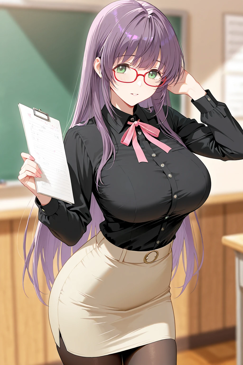 1 girl, curvy, beautiful, sexy, busty, peach hair, long hair, purple eyes, glasses, black blazer, cleavage, short black pencil skirt, black stockings, black high heels, classroom, sitting on table, crossing legs, looking at viewer, cold face, 8k, best quality, very aesthetic, absurdres, newest, intricate details, intricate, (SuperQuality:1.0) ~ (SuperQuality:1.2)