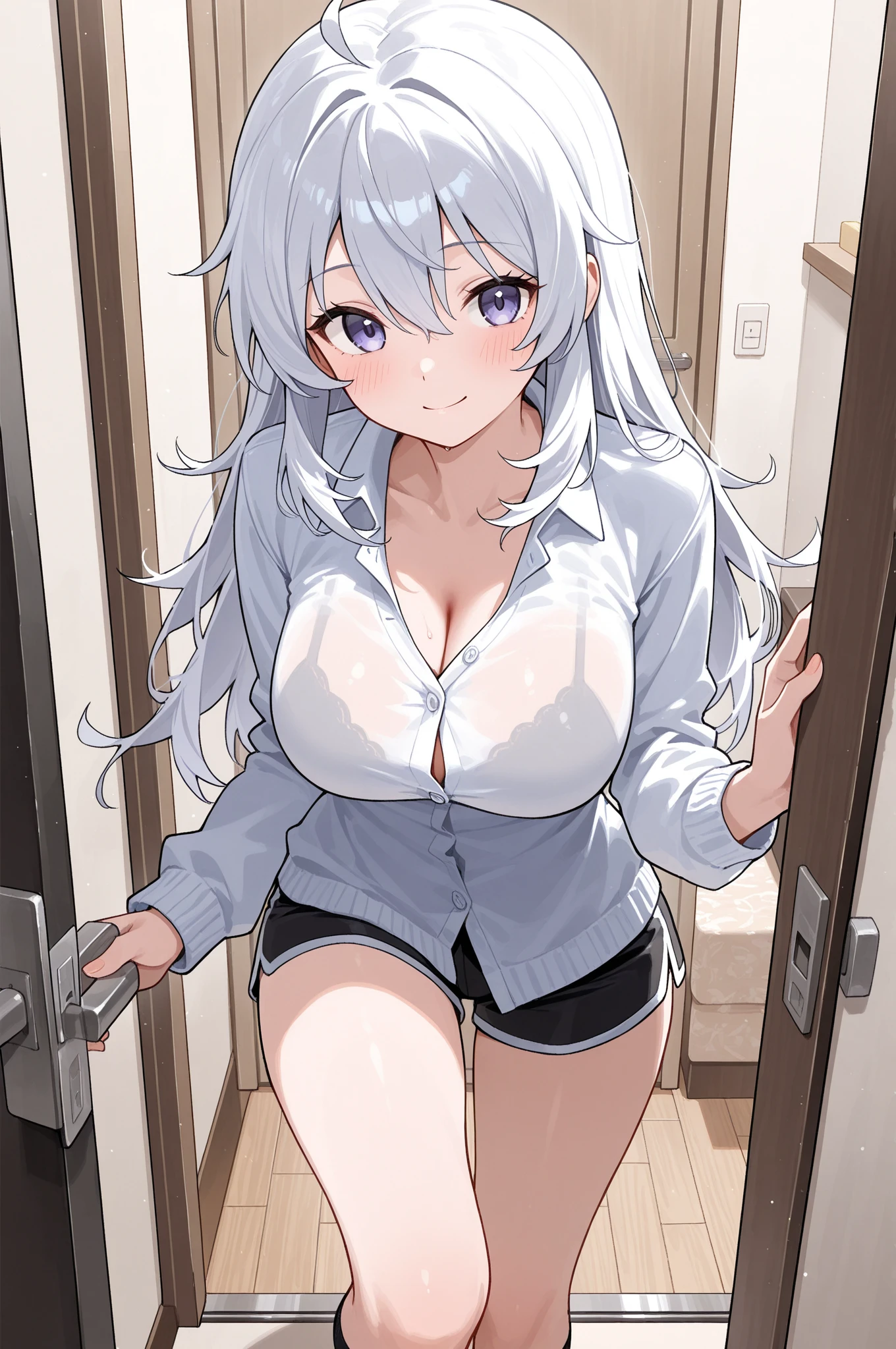 girl, full body, very big breast, gray hair, medium shoulder length hair, long bangs, standing, white bra, white lingerie, milf, mature, front view, white transparent legging, strapless bra, pattern bra
