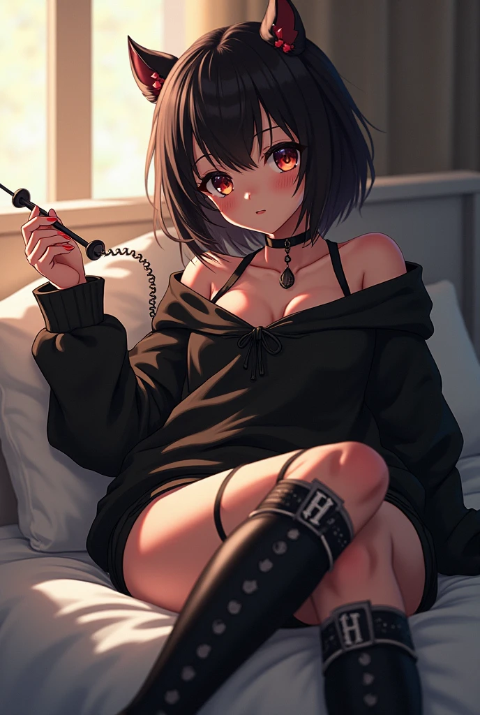 ((Highest quality)), ((masterpiece)), (detailed), a nice girl in lingerie sitting near a window with a glass of alcohol, 1girl, breasts, 独奏, expressionless, holding cigarette, panties, cigarette, underwear, red eyes, black panties, navel, jewelry, open clothes, looking at viewer, sitting, bangs, necklace, jacket, black jacket, short hair, black hair, streaked hair, ring, black footwear, parted bangs, open jacket, medium breasts, sweat, hotel room, magic hour