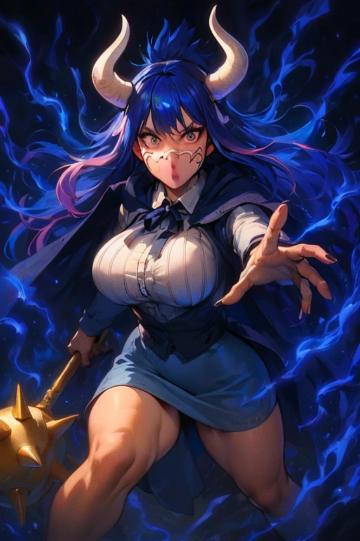 ONEーＰＩＥＣＥ、「Night of the Fire Festival」、Ulti、A beautiful woman with two large horns growing from the sides of her head.、Straight blue hair with white and pink mesh in various places.、Features a mask around the mouth that looks like a cloud bubble、Dressed mainly in blue and white、She wears a blue cloak, a white shirt that covers her well-grown chest, and a light blue miniskirt.。wearing red high heels、Long, fair-skinned legs with exposed bare legs、（（（combat readiness）））+++、（（（combat readiness）））+++、（（（combat readiness）））+++、（（（Uru head gun group）））+++、（（（Uru head gun group）））+++、Angry big breasted mature woman、Angry big breasted mature woman、Angry big breasted mature woman、A female pirate who belongs to the Beast Pirates led by Kaido.。Tobi Rokusho、devil fruit、リュウリュウの実 モデル“Pachycephalosaurus”（（（Pachycephalosaurus）））+++、(ancient species of animals)、He has survived as a member of the Beast Pirates, which preys on the weakest.、short-tempered and violent personality。He has a habit of getting angry in a harsh tone if he says anything that even slightly offends him, such as making fun of his younger brother.。