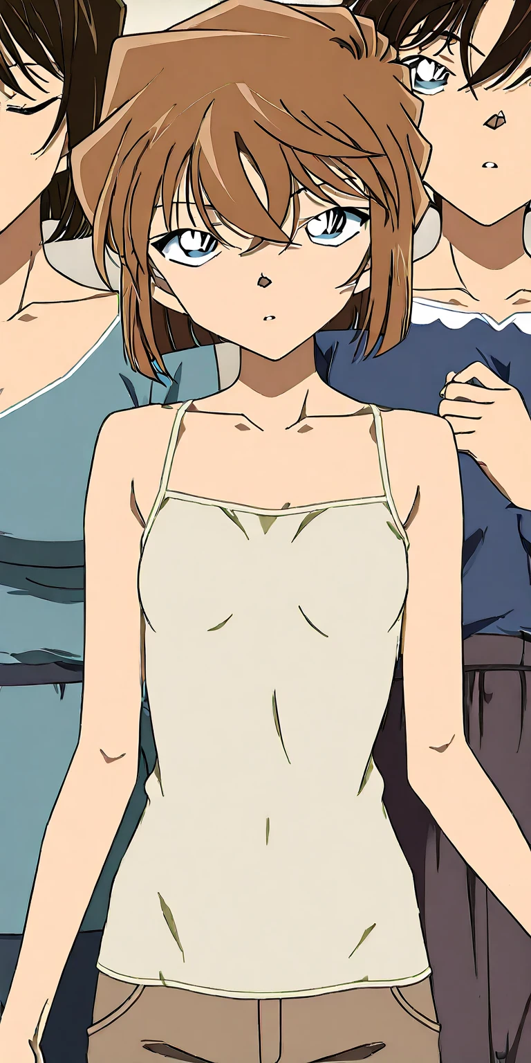 garden、 1人のgirl,一人in,Looking_in_audience,short_hair,multiple_girl,Brown_hair,green_eye,clavicle,upper_body,前hair,Outdoor,Ocean、Cowboy Shot、Bikini、tits、Sad face、Embarrassing、前hairあり